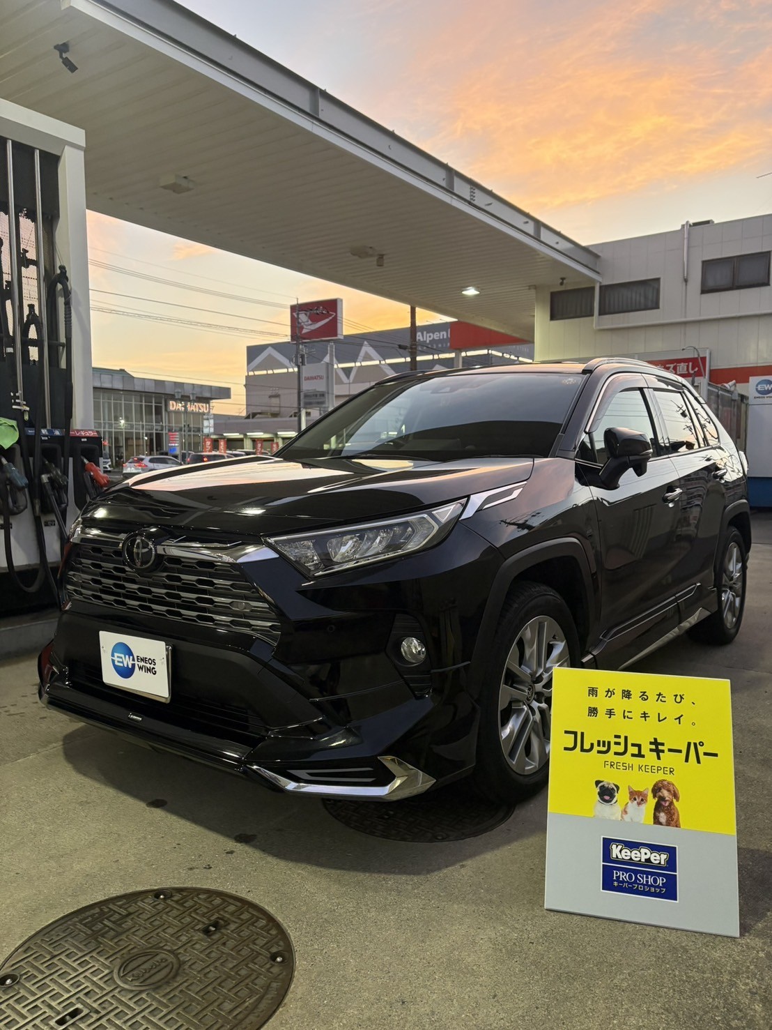 黒いトヨタ RAV4にフレッシュキーパーを施工した後の光沢のあるボディ