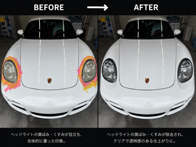 ポルシェ　ケイマン　ヘッドライト黄ばみ取り