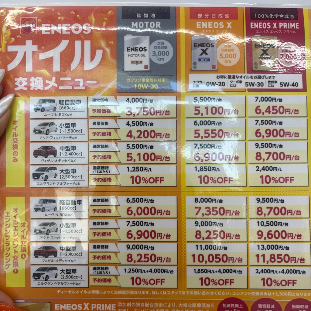 七宝下田のオイルメニュー表